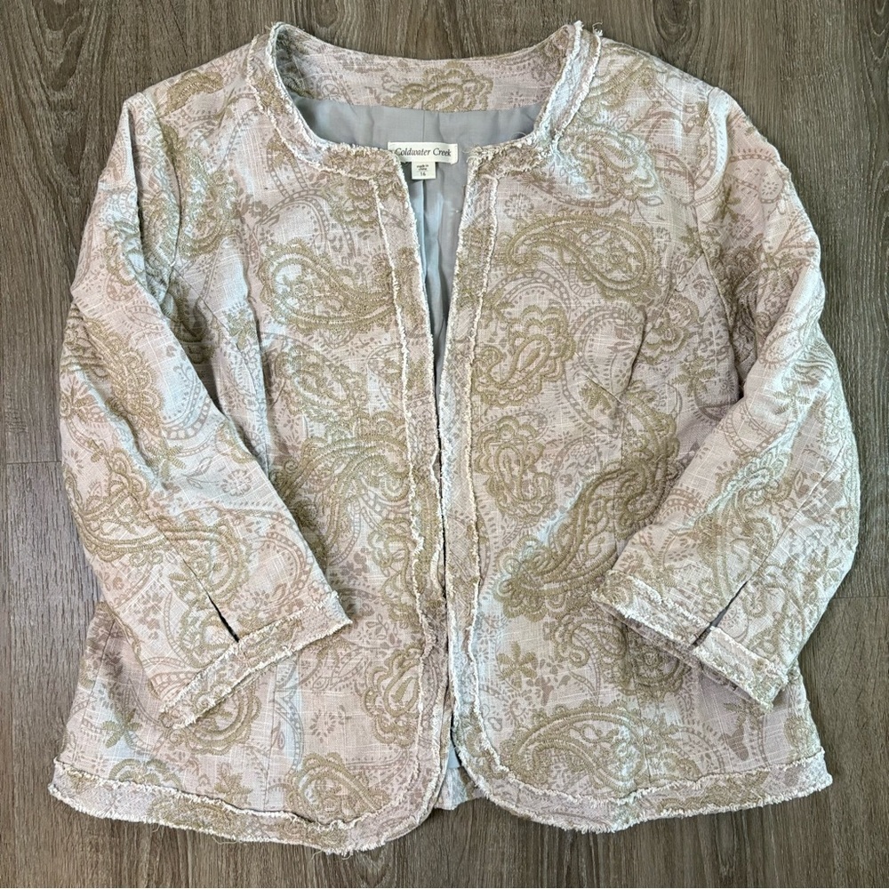 Coldwater Creek Textured Olive and Cream Jacket Sz 16 Paisley Linen blend Womens